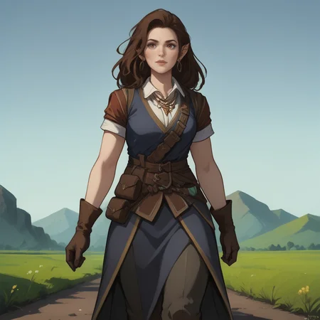 score_9, score_8_up, score_7_up, cowboy shot, 3/4 view, low angle, 1girl, <lora:Octavia_Pathfinder_Kingmaker_PXL:1> octavia_kingmaker, walking, on road, BREAK outdoors, daylight, dusty road, farmland, fields