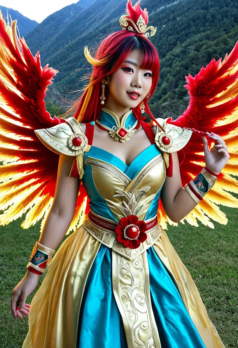 (high quality), (masterpiece), (detailed), 8K, Hyper-realistic depiction of (1girl1.3) asian_japanese with (phoenix-inspired outfit1.4). (Fiery feathers1.3) adorn (ornate shoulder piece1.2), (golden accents1.2) shimmer against (crimson fabric1.2). framed by (firey aura1.3), (dynamic lighting1.3) highlights intricate details. Dynamic pose, mountain background, stormy ambience.