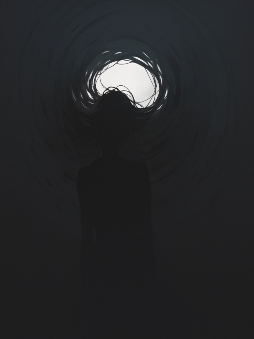 score_9, score_8_up, score_7_up, score_6_up, unw3ll <lora:UNW3LLXLP:1> black background, dark, gloomy, eerie, simple background, black hair, void,