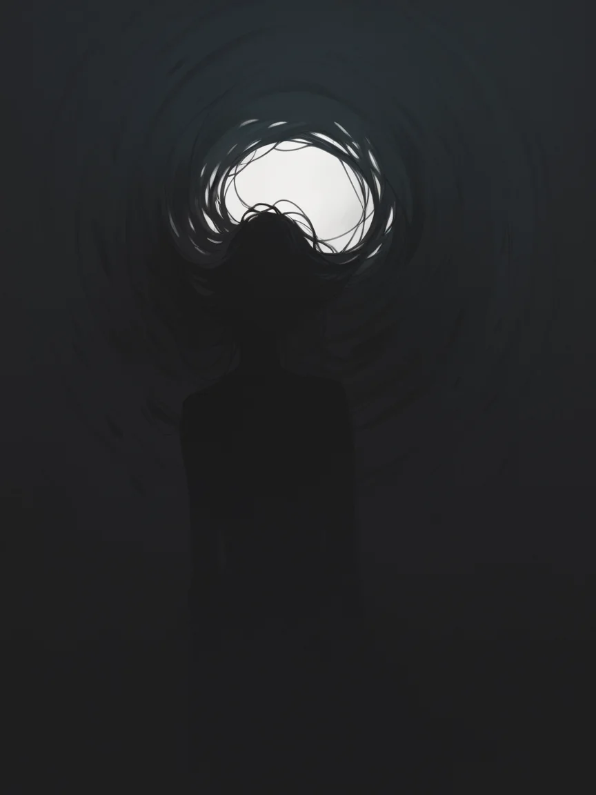 score_9, score_8_up, score_7_up, score_6_up, unw3ll <lora:UNW3LLXLP:1> black background, dark, gloomy, eerie, simple background, black hair, void,