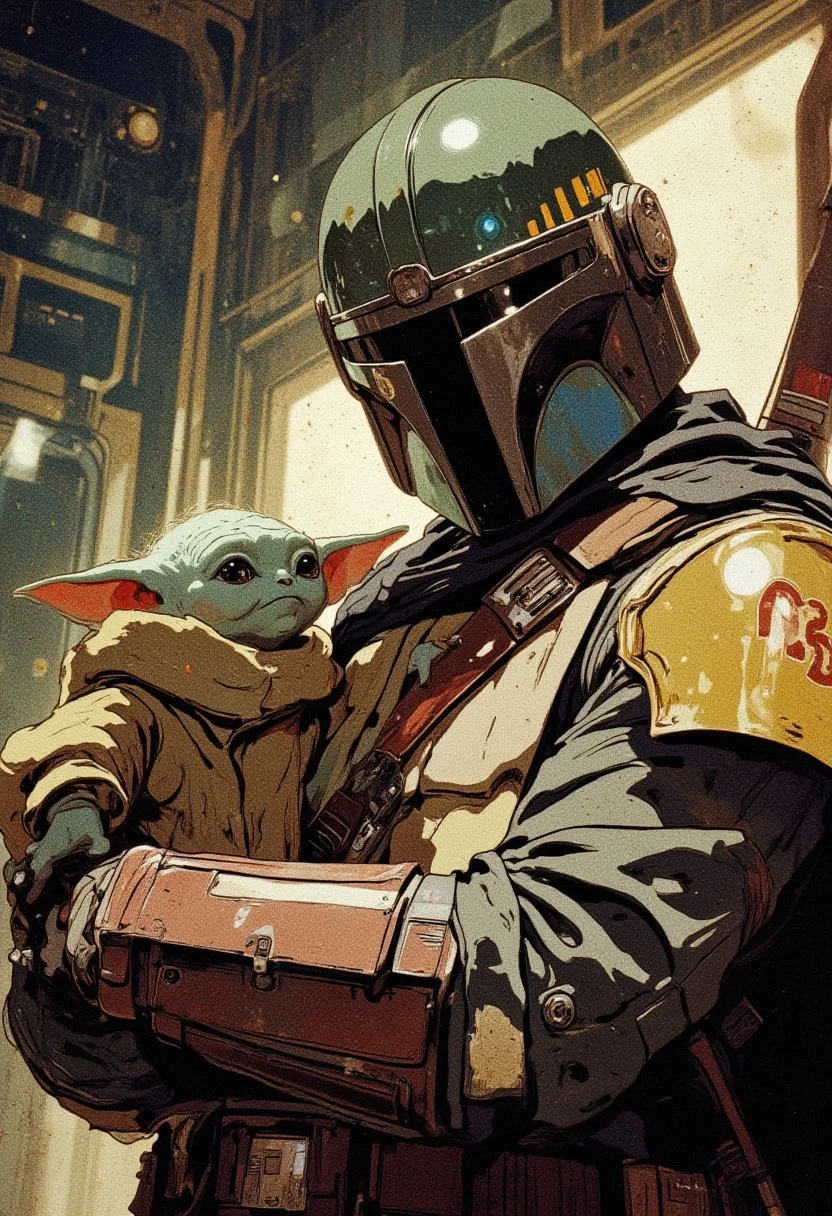 Mandalorian holding (((detail green baby Yoda))), anime style, vintage film effect, muted colors, grainy texture, cinematic shot, soft lighting, retro aesthetics, warm tones