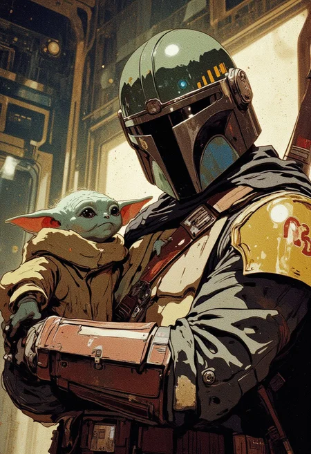 Mandalorian holding (((detail green baby Yoda))), anime style, vintage film effect, muted colors, grainy texture, cinematic shot, soft lighting, retro aesthetics, warm tones