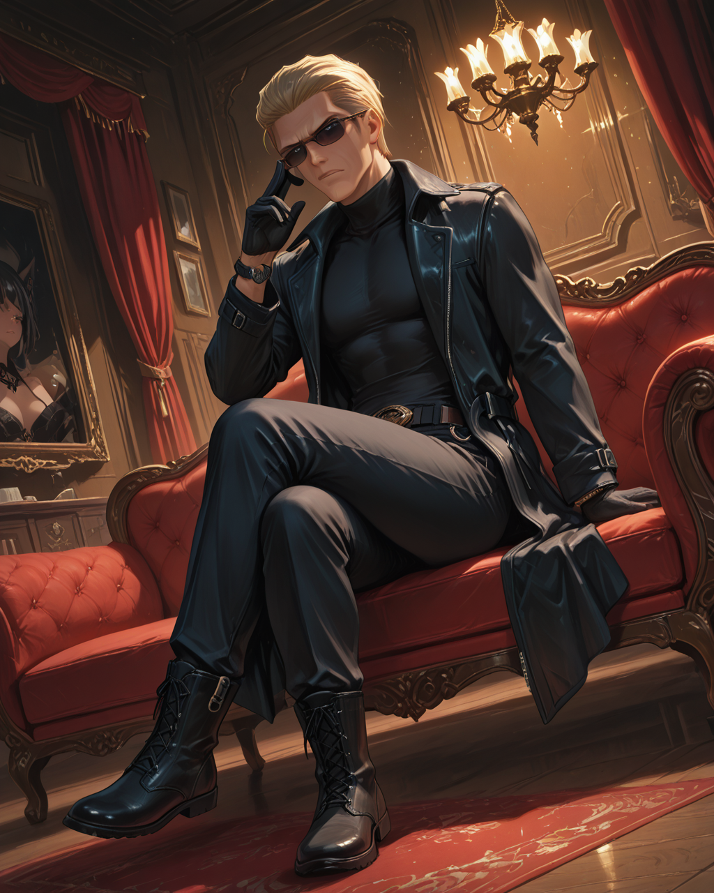 IllusP0s, PonyScores7, source_anime, ah1, IllustriousQual, interesting, exciting, spectacular, wonderful, amazing quality, absolutely eye-catching, very awa, <lora:animagineXL40_v4Zero_aqm_complete_v1:0.3>, <lora:ðð¡ð_ð¨ð§ð¥ð²_ðð¨ðð_ð²ð¨ð®_ðð¯ðð«_ð§ððð_VX_ããªããå¿è¦ã¨ããå¯ä¸ã®LoRA_by_CHROMEKIDD:0.3>, HANA4, <lora:Anime_Aesthetic_Wallpaper_Style_IllustriousXL:0.3>, aniwall,
BREAK <lora:xl_more_art-full_v1:0.2>, <lora:aesthetic_anime_v1s:0.2>, <lora:EpicF4nta5yXL:0.2>, <lora:detailxl:0.2>, detailxl, <lora:Fant5yP0ny:0.2>, amazing quality, best aesthetic, absurdres, illustration, Volumetric_Lighting, ultra-detailed, very aesthetic, intricate details, best_quality, lazypos1, <lora:Add_Details_v1.2:0.2>, <lora:quality_modifiers_masterpieces_v1:0.2>, <lora:ZootPonyAnime_V1_r2:0.2>, <lora:Bestifacator2:0.2>, anime style,
BREAK (((A man's touch on any surface causes it to become reflective, like a mirror, allowing him to see through walls or around corners as if they were glass))), <lora:DynamicPoseIL2att_alpha1.0_rank4_noxattn_900steps:0.8>, dynamic pose, F4st,
BREAK Stable_Yogis_PDXL_Positives, AS-Adult, <lora:Complicated fantasy portrait - XL Pony V2.0:0.2>, <lora:HDA_Detailer:0.3>, AS-MidAged, (((fullbody))),
BREAK (((<lora:albertwesker-guy-PONYv1:0.8>, albertwesker, 1boy, toned, athletic, fit, mature male))), fair skin, scars on body, <lora:shinyskin2:0.2>, glistening skin, <lora:perfection style:0.2>, perfection style, perfection, five fingers, five toes,
BREAK (((black gloves, watch, belt, black coat, black pants, black turtleneck, zipper, black boots))), ((sunglasses:1.3)), 
BREAK ((slicked back hair, (short hair:1.7), blonde)), <lora:hairdetailpxl:0.2>, hairdetailpxl, 
BREAK ((angular face, sharp_featured face, handsome, charming, alluring)), slit pupils, orange eyes, expressive eyes, <lora:perfect-eyes:0.4>, perfecteyes, EyesHD, <lora:DetailedEyes_xl_bdsqlsz_V1:0.2>, <lora:Eyes_Lora_Pony_Perfect_eyes:0.2>, <lora:focusoneyes:0.2>, <lora:cinematic eye color style illustrious v1:0.2>, <lora:Eyes_High_Definition:0.2>, EyesHD,  <lora:fdsf:0.3> HDEYES, <lora:eyes_enhancer_V3:0.3>,
BREAK (((focused, intense glare, apathetic, contemptuous))), <lora:Expressive_H:0.2>, Expressiveh, <lora:Emotional_Anime_Expressions_PonyXL_Concept:0.2>, emotional, <lora:Best_Facial_Expression_LoRA_PONY:0.2>, looking at viewer, <lora:Detailed expressive EXEV style -XL Pony V1.0:0.2>, FaceDetail,
BREAK (((pleasure Chamber, Opulent space with a velvet-covered canopy bed, mirrored walls, a decadent chaise lounge, intricate tapestries, a crystal chandelier casting shimmering light))), <lora:Background Detailer - SDXL:0.2>, dynamic angle, 4k, 8k, Ultra HD, Masterpiece, Best quality, Detailed background, foreshortening, extreme perspective, <lora:Add_more_details_V2_XLpony:0.2> full_details, <lora:background-type1:0.2>, <lora:AddMicroDetails_Illustrious_v3:0.2>, addmicrodetails, SmoothNoob_Quality, <lora:ani40o_stabilizer_v0.6:0.6>,