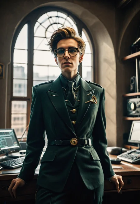 sfw, score_9, score_8_up, score_7_up, cinematic photo, dramatic lighting, dynamic pose, portrait, androgynous cybermutant aristocrat with glasses and mussed hair, earth in the window