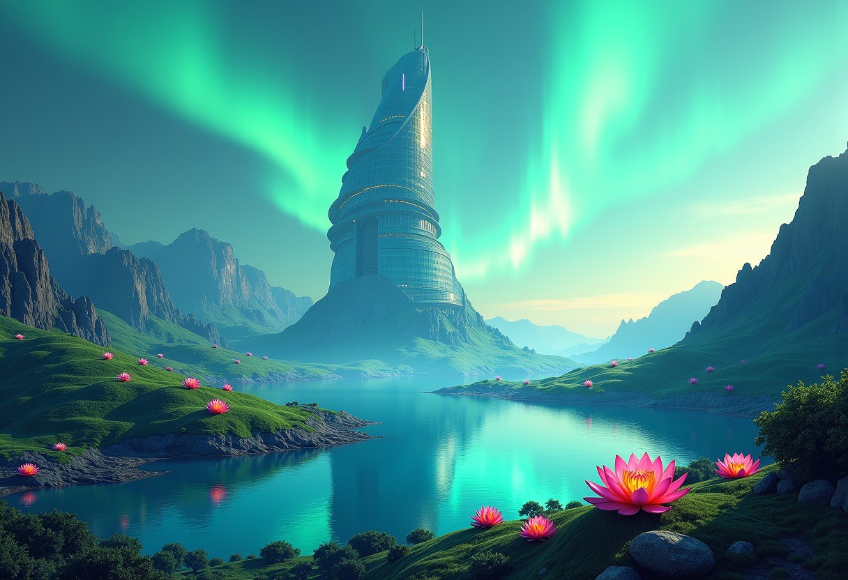 Planet Xylophia-IV, a stunning celestial body known for its breathtaking landscapes, making it an attractive destination for human colonization and terraforming efforts in the late 22nd century.
Soft, serene sky with blues gradating into vibrant, electric turquoise towards the horizon; delicate, swirling patterns of iridescent green and gold dance across the upper atmosphere.
A tranquil, crystal-clear lake reflects the aurora's ethereal dance, its surface dotted with lotus-like, bioluminescent flora that pulse in harmony with the planet's natural energy; undulating, emerald-green hills rise gently, covered in a lush, alien vegetation that shimmers with a subtle, rainbow hue; the rugged, sapphire-blue mountain range stretches across the horizon, its peaks hiding ancient, alien ruins and mysterious energy sources.
The center object is a majestic, spiral-shaped skyscraper, that pierces the sky, its surface adorned with a latticework of neon-lit futuristic accents; the spire serves as New Eden's heart, housing the colony's administration, a renowned intergalactic research center, and a luxurious, zero-gravity hotel.
As the dual suns dip below the horizon, New Eden transforms with a warm, golden lighting scheme, accentuating the futuristic elements and casting a magical glow across the landscape.
Panoramic shot from a elevated vantage point, capturing the entirety of New Eden, the lake, and the majestic distant mountain ridge.
Hd, uhd, ultra-detailed, high resolution, 4k.