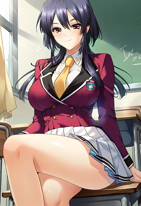score_9,score_7_up,(source_anime),zPDXL2,classroom BREAK
nat5uk1,1girl,solo,long hair,sidelocks,bangs,pink eyes,smile,black hair,large breasts,school uniform,red blazer,pleated skirt,white skirt,yellow necktie<lora:natsuki:1>