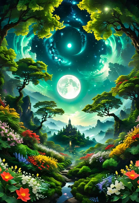 Capture the serendipitous moment: A solitary moonA lTitle: "Moonlit Garden of Cosmic Harmony" Transport yourself to a serene realm where the moon reigns supreme amidst a galaxy of swirling stardust. In this enchanting scene, a plethora of vibrant flowers, ranging from rich green black to warm yellows and fiery reds, adorn the lush forest floor and reach up towards the heavens. These flowers, each unique in their own right, create a kaleidoscope of color that captivates the eye. The moon, a beacon of tranquility, bathes the landscape in its ethereal glow, casting delicate shadows among the foliage. Its luminous light dances upon the petals of the flowers and the leaves of the trees, illuminating the intricate details of each element with breathtaking clarity. Surrounding the moon, the Milky Way stretches across the night sky like a celestial tapestry, adding depth and mystery to the scene. Dark silhouettes of towering trees frame the composition