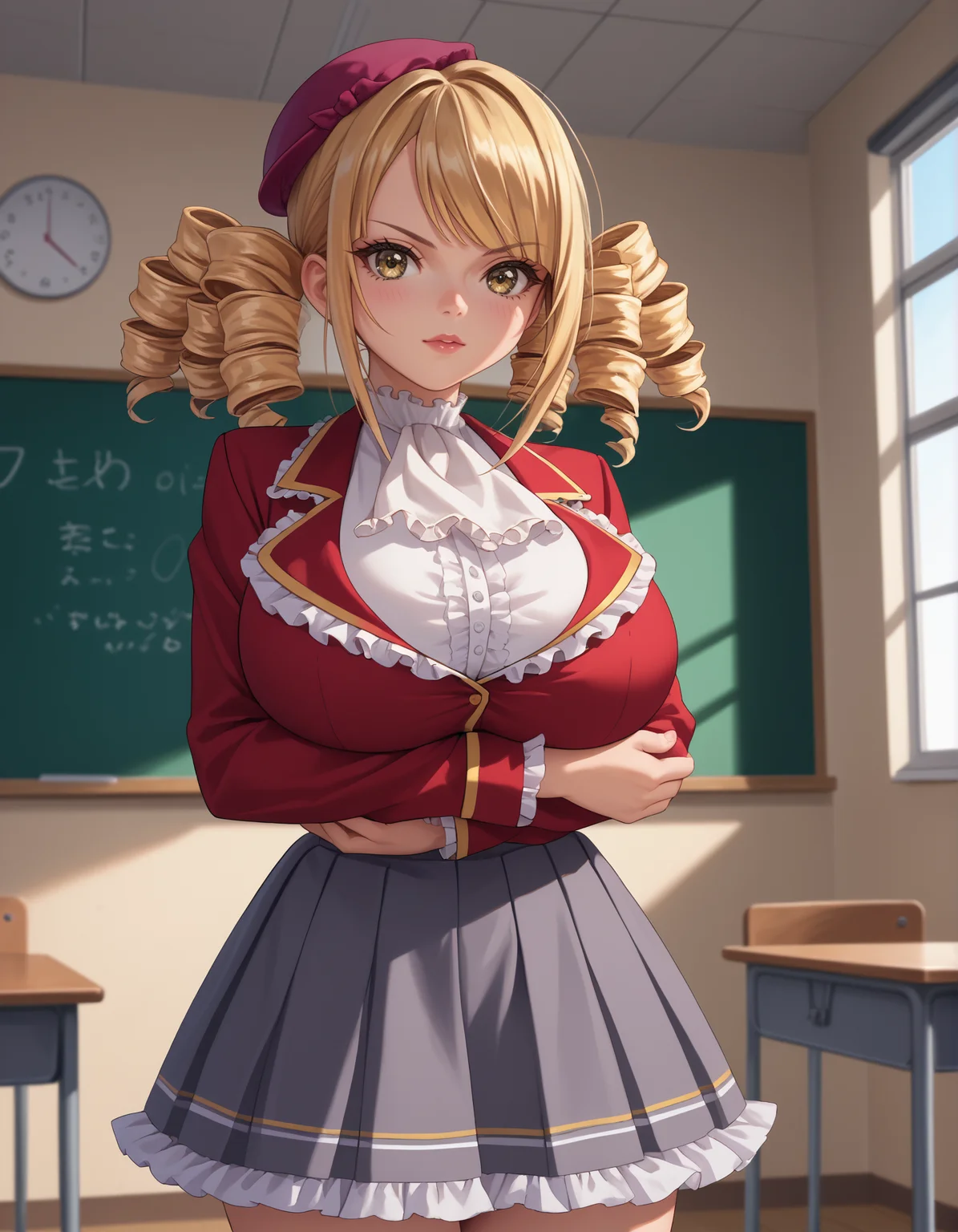 score_9, score_8_up, score_7_up,score_6_up source_anime,1girl
ayamscho, 1girl, blonde hair, drill hair, large breasts, hat, yellow eyes, school uniform, long hair, frills, skirt, twin drills, red beret, ascot, red jacket, center frills, white shirt,frilled skirt,grey skirt,
huge breasts,thick thighs,classroom,crossed arms, breast hold, breasts squeezed together, <lora:reikadou_ayame-ore no nounai-koto-PonyXL:1>