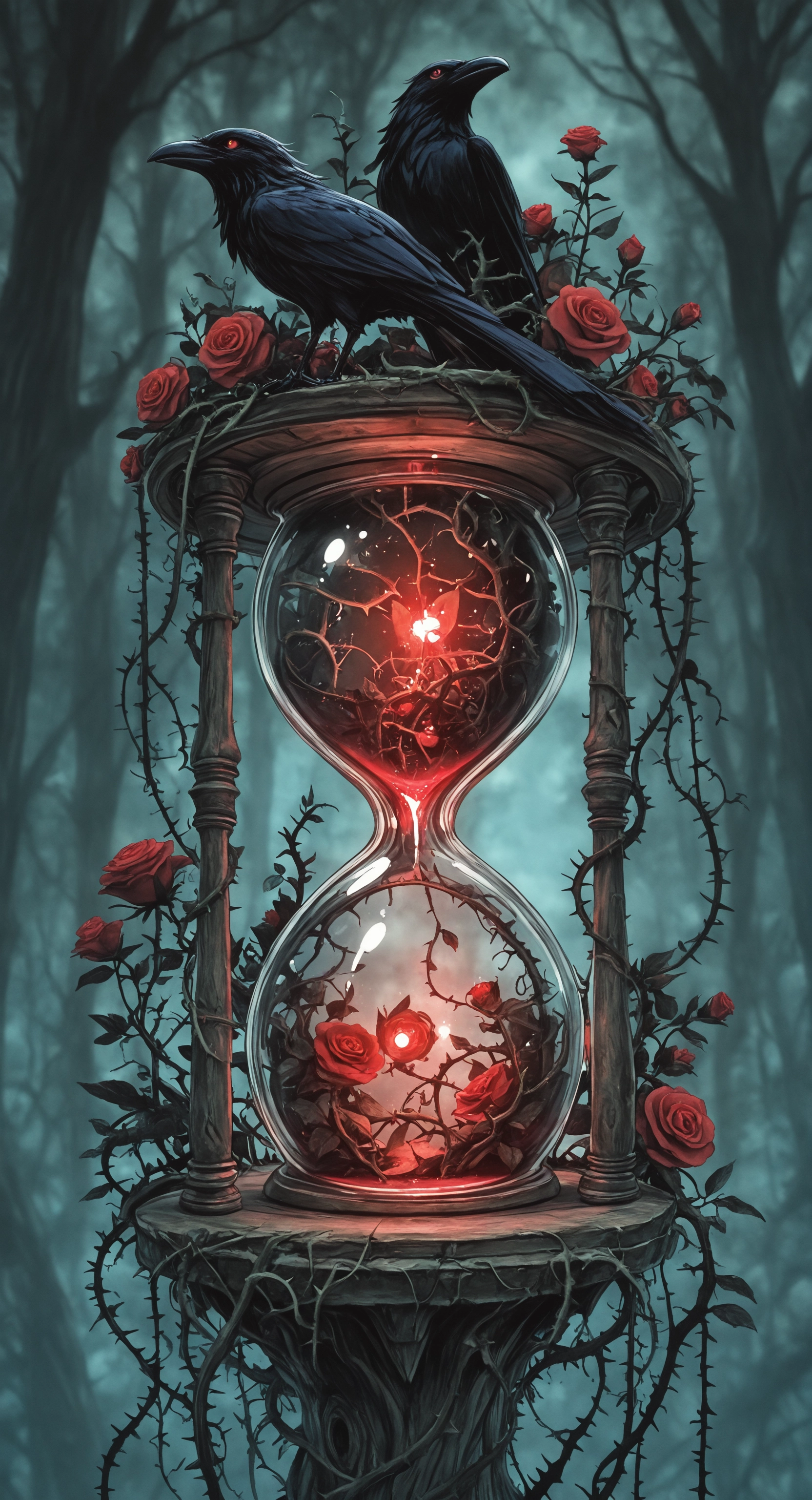 masterpiece, best quality, amazing quality, red eyes, flower, outdoors, blurry, tree, no humans, blurry background, depth of field, bird, rose, glowing, animal, plant, red flower, scenery, nature, forest, red rose, branch, vines, crow, thorns, hourglass, Studio Ghibli Dark Fairytale <lora:noobai_ep11_stabilizer_v0.138_fp16:0.3> <lora:NOOB_vp1_detailer_by_volnovik_v1:0.3> <lora:Dark_Ghibli:0.8>