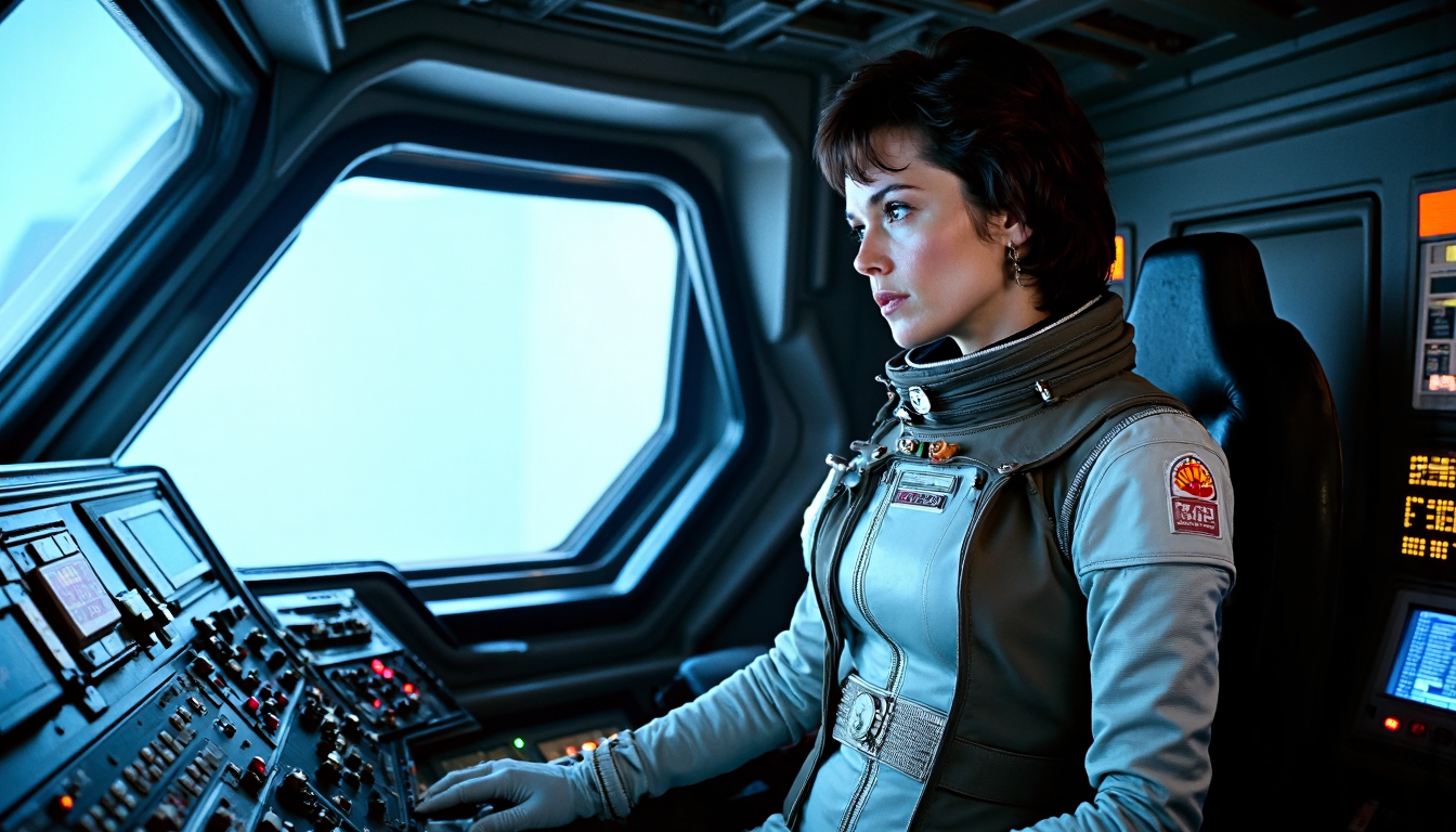 nostromo style,
woman wearing retro futuristic spacesuit, armor, spaceship interior, cockpit, window, control panels, buttons, switches, screens, greebles, textured wall, wall pads, science fiction, horror,

extremely detailed:1.2, sharp:1.2, bold outlines,

sharp focus, detailed face, clear eyes, Detailed perfect hand