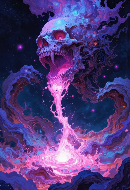 A cosmic beaver in the void, jaw open as glowing, star-filled liquid cascades into a swirling pool of energy. Vibrant hues of purple, blue, and magenta shimmer with stars and galaxies. The skull’s surface reflects cosmic light, set against an infinite starry backdrop, symbolizing life, death, and rebirth.
A surreal cosmic skull floating in the void of space, its jaw agape as luminous, star-filled liquid flows out like a galactic river, cascading into a swirling pool of light and energy. The liquid shimmers with vibrant hues of purple, blue, and magenta, illuminated by stars and distant galaxies. The background features a starry expanse, with celestial bodies glowing faintly in the distance, evoking a sense of infinity and the mysterious origins of the universe. The skull appears both ancient and otherworldly, its surface reflecting the ethereal glow of the cosmos around it, symbolizing the eternal cycle of life, death, and rebirth within the fabric of the universe.
<lora:FLUX-daubrez-DB4RZ-v2:0.55> <lora:Sinfully_Stylish_.02_for_FLUX:0.35> <lora:dystopia:0.6>