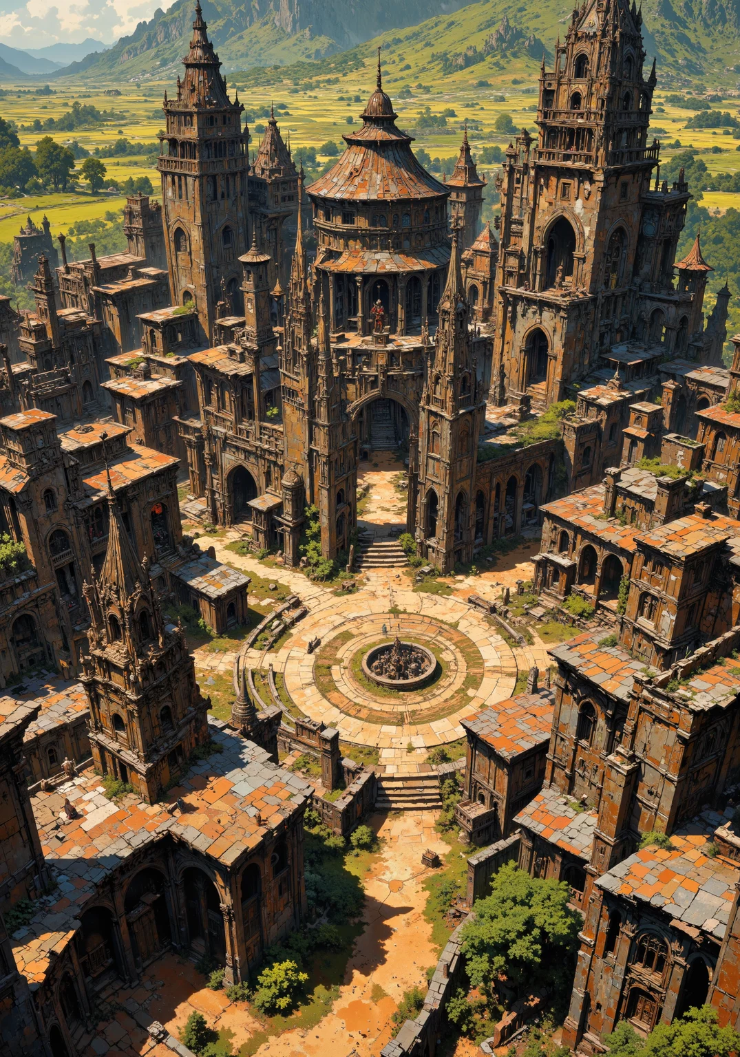 Aerial perspective, expansive ancient settlement, stone and bronze structures, intricate geometric planning, primitive dwellings, winding pathways, lush agricultural fields, clustered communal spaces, detailed fantasy-inspired arches, domed roofs, and textured courtyards. Rich weathered stone, warm bronzed surfaces, natural earth tones, dynamic arrangement, subtle interplay of ambient light and deep shadows, tiny figures, crowded scenes, and complex spatial composition. 8k quality, masterpiece, intricate details, evocative historical mood, surreal ancient ambiance, strategic design, atmospheric elegance, refined textures, and meticulous spatial arrangement. <lora:Bruce Holwerda:0.1> <lora:artisketchyfs-v02:0.1> <lora:Rainbow_on_black_style-000003:0.5> <lora:Classic_Anime_Colors:0.6> <lora:RM_Artistify_v1.0M:0.8> <lora:flux_dev:1>