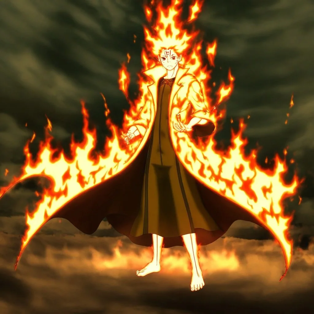 fire, aura, long coat, barefoot, facial mark, electricity, sky, male focus, glowing