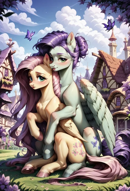 score_9, score_8_up, score_7_up, score_6_up, score_5_up, score_4_up, derpibooru_, my little pony, ((fluttershy)), ((lavender tea, light purple long hair, light green fur, pale green eyes)), ((feral ponies)), 2girls, ((duos)) (cute pony face), (detailed eyes), (detailed fur), (purple hooves), (ponyville background:1.5), (blue purple butterflies:1.5), (detailed hair:1.5), (holding hooves:1.5), (pink purple flowers), (PEGASUS), (hugging), sitting outside, sitting on grass,
