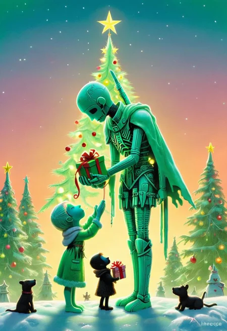 By Herg:  Sideview Silhouette of Pastel Green Xmas necrons bringing Teddy to crying Girl, a neon-pastel knitted Sky, festive translucent Sci-fi necrons Guardian Christmas town to the Sky