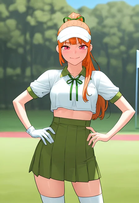 masterpiece, best quality, intricate details, anime screencap, official style, depth of field,
outdoors, golf field, sunny day,
blush,
looking at viewer, smile,
BREAK.
standing, contrapposto, hands on own hips, cowboy shot, straight-on, facing viewer, portrait,
BREAK.
long hair, bangs, high ponytail, white shirt, green collared shirt, short sleeves, midriff, crop top overhang, green skirt, pleated skirt, high-waist skirt, white thighhighs, white glove, single glove, white visor cap, green ribbon hair tie, BREAK.
leedahe, 1girl, solo, aegyo sal, pink eyes, orange hair, bangs, sidelocks, medium breasts, BREAK.
<lora:Mobydick(Webtoon)_All-In-One_ILXL_v1:1>