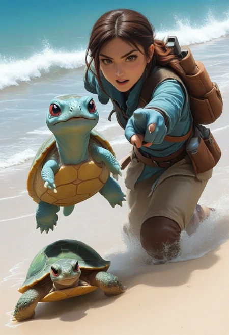 Ranger and Squirtle, 1woman, pointing, charging, beach, water turtle pokemon