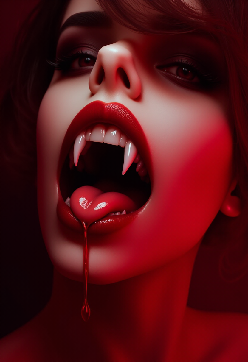 fangs, teeth, solo, close-up, 1 girl, open mouth, blood, dripping, tongue, makeup, red lips, red background, lipstick, (maximum ultra high definition image quality and rendering:3), maximum image detail, maximum realistic render, (((ultra realist style))), realist side lighting, , 8K high definition, realist soft lighting, (amazing special effect:3.5)
<lora:FluxF4ngs:1>