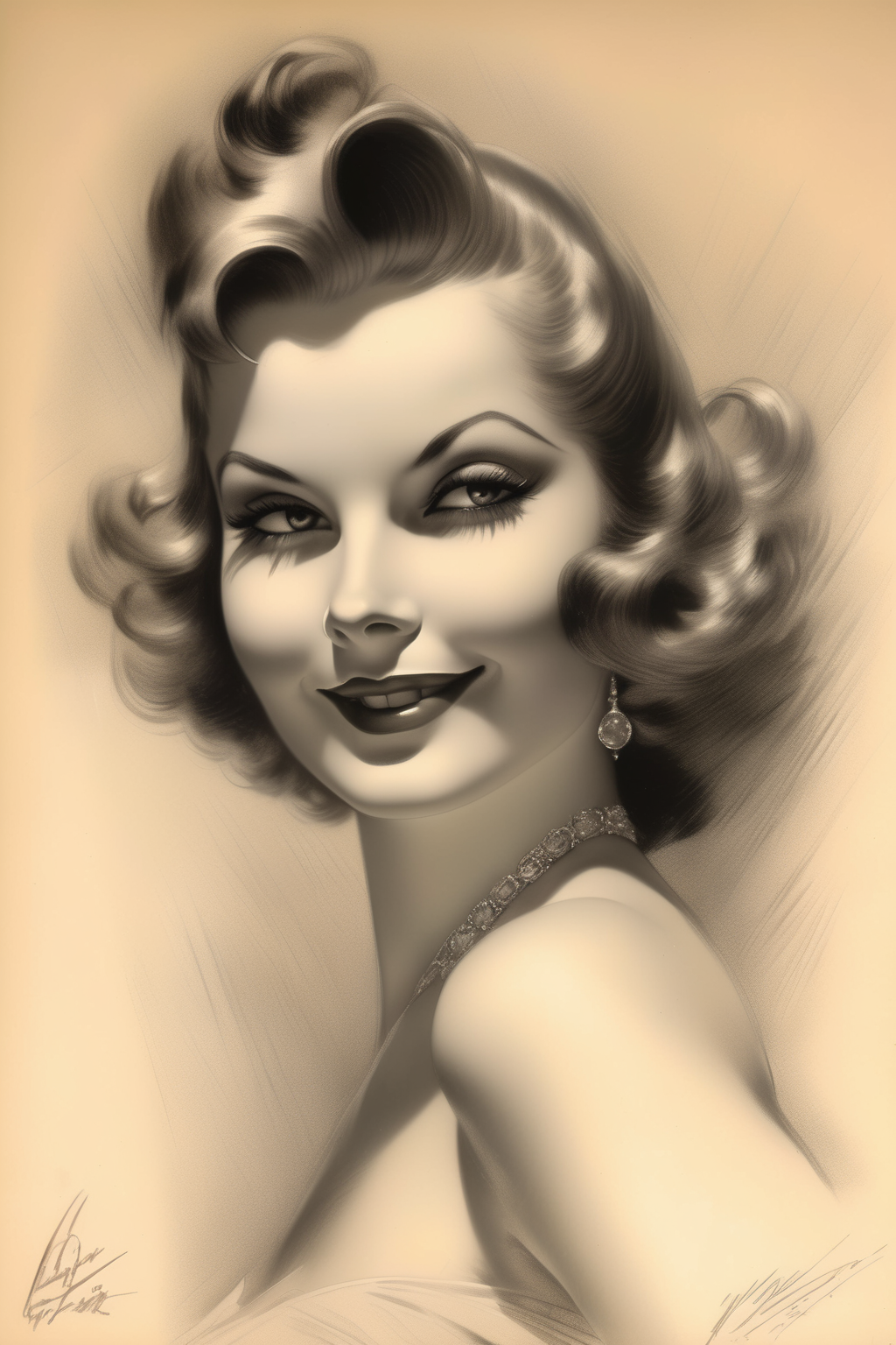 <lora:Rolf Armstrong Style:1>Rolf Armstrong Style - In this captivating pencil character sketch by Rolf Armstrong, the viewer is transported to a bygone era of elegance and allure. The sketch showcases a strikingly beautiful woman with graceful features and a mysterious smile. Her eyes hold a hint of intrigue, inviting the viewer to delve into her story. The sketch captures the essence of the subject's personality through delicate shading and precise lines, creating depth and dimension. Armstrong's skilled technique brings the character to life, capturing every nuance of expression. The monochromatic tones add a timeless quality to the sketch, allowing the viewer to appreciate the artistry and the subject's captivating presence.