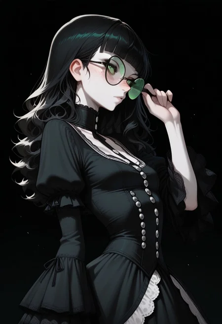 high_quality, highres, detailed, masterpiece, best quality, absurdres,Claudia, ClaudiaRH, long black hair, wavy hair, blunt bangs, green eyes, big squared eyeglasses, small breasts, slim, pale skin, freckles, wearing Jedgthd, gothic dress, black lace , high neck, long ruffled sleeves, silver buttons, black background, side view, posing