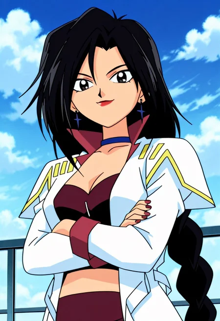score_9, score_8, score_7, Detailed background, detailed background,anime style, doctor k, adult, 1girl, solo, earrings, jewelry, long hair, single braid, crossed arms, cleavage, lipstick, choker, breasts, makeup, smile, looking at viewer, midriff, jacket, sky, day, cloud