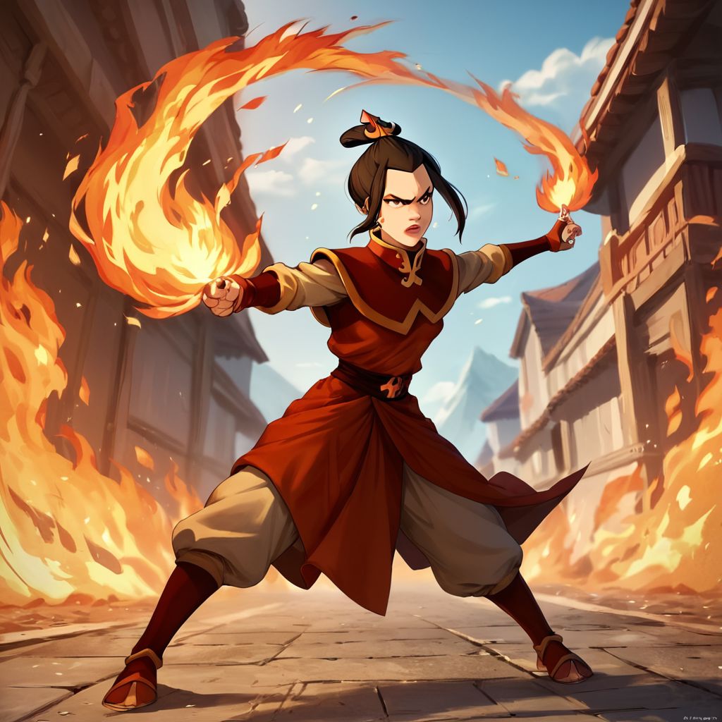 score_9, score_8_up, score_7_up, score_6_up, score_5_up, score_4_up, rating_safe, 1girl, Azula, fighting stance, surrounded by fire