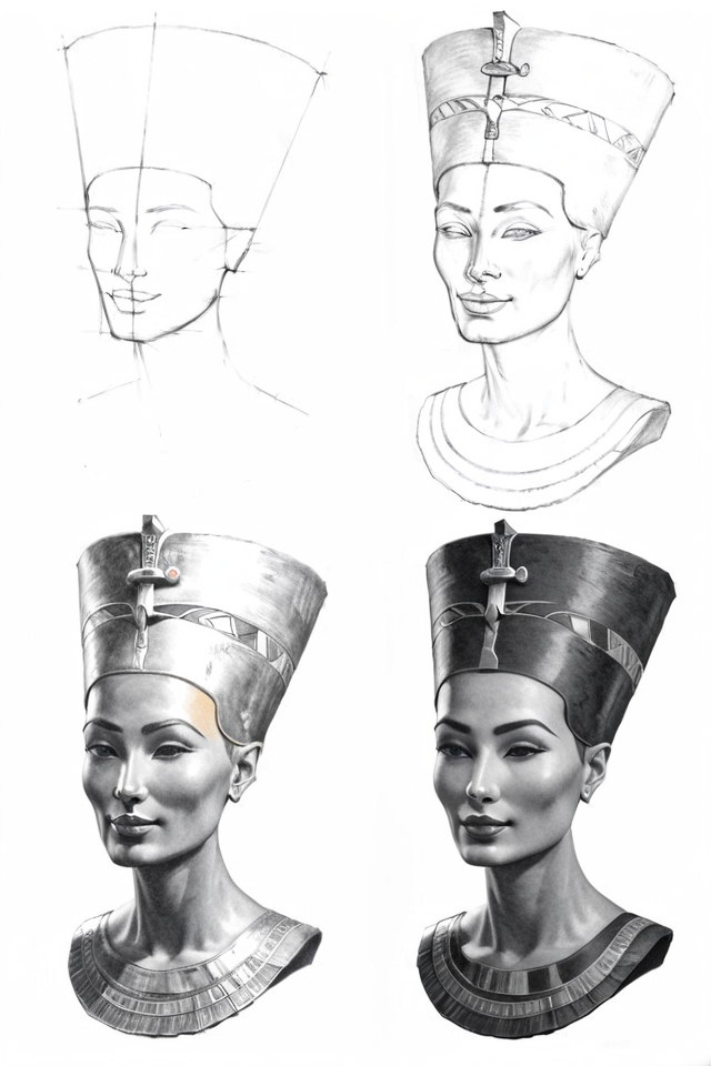 <lora:How_to_draw_step_by_step_2:1> howtodraw, sketch, 4 steps, toned paper, Nefertiti, detailed, 
<lora:add-detail-xl:1>