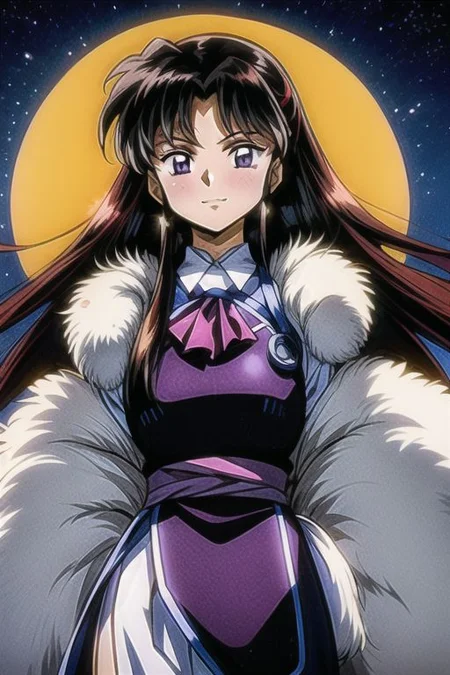 best quality 1girl Setsun4 solo long hair, (night time) forest background black hair very long hair purple eyes multicolored hair armor, small, (fur trim) (medium body),<lora:EMS-179-EMS:0.800000>,<lora:EMS-293862-EMS:0.800000> bow, hair_bow, hair_tubes, red_bow, brown_hair, long_hair, bangs, ascot, frilled_bow, yellow_ascot, blush, smile, hair_between_eyes, athletic, armor, miko, Smiling, happy,