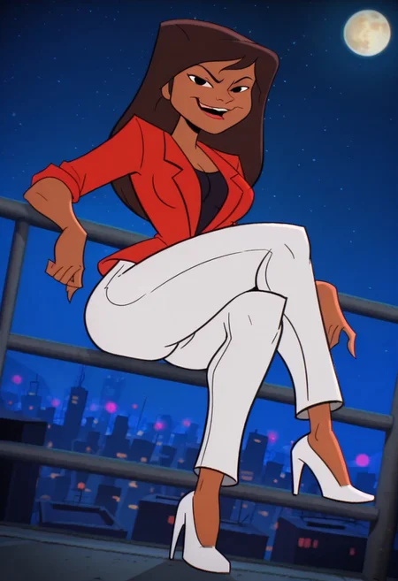JessicaJaclynTMNT, 1girl, solo, dark-skinned female,  dark skin, brown hair, long hair, black eyes, large breast, large butt, thick thighs, , red jacket, black shirt, white pants, white shoes, high heels,
,seductive pose, sexy pose, tease, 
masterpiece, best quality, fine details, intricate details, depth of field, subsurface scattering, bokeh,
 ultra-detailed, very aesthetic, detailed background, newest, scenery, highres, absurdres, colorful, vibrant, glowing, perfect face, 2d, perfect eyes,  vibrant saturated colors, volumetric lighting, sharp, detailed eyes, perfect anatomy,  perfect face, perfect eyes, mature body, clear eyes, beautiful eyes, athletic, curvy body, athletic girl, perky tits, perfect tits, round breasts, pinup pose, teasing, lustful expression, perfect hands, 
muscular female, dutch angle, 
 cityscape, rooftop, outdoors, skyscrapers, railing, neon lights, detailed background, night, night sky, night time, starry sky, sitting on railing, moon, looking at viewer, arm rest, smirk, crossed legs, open mouth, full body, foreshortening, 
 ,Smooth Negative, Smooth_Quality,
1987TMNT5tyl3,