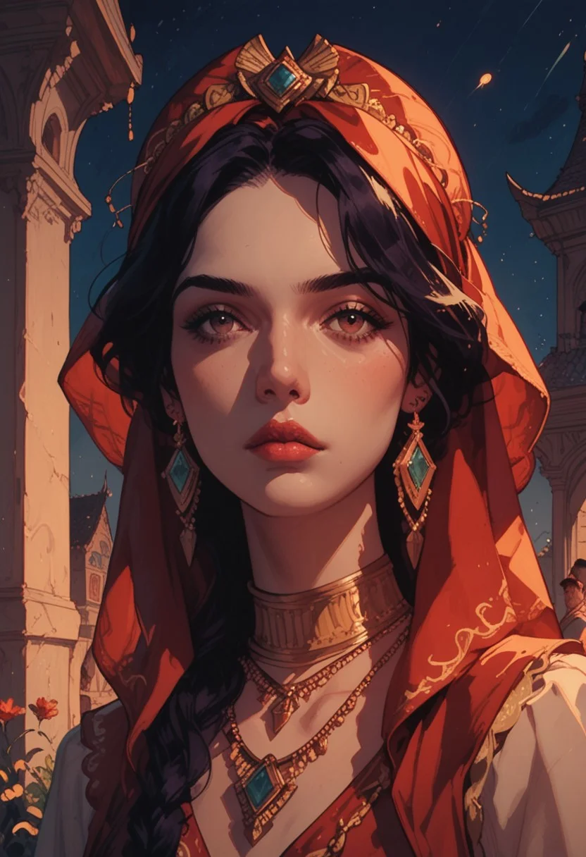 score_9, score_8_up, score_7_up, half Body of a gypsy spanish woman in flamenco clothes, charismatic, aesthetic , Mysterious, dark, moody, dark fantasy style, outdoor, night
