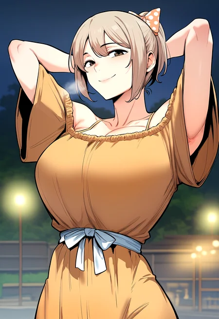 score_9, score_8_up, score_7_up, score_6_up, source_anime, rating_explicit, <lora:neg4all_bdsqlsz_V3.5:2.0>1girl, (solo:1.2), huge breasts, <lora:Yoon Ye-seulponyxl:1> short hair, brown eyes, blonde hair, light brown hair, ponytail, sidelocks, polka dot bow, hair bow, orange dress, off shoulder, collarbone, cleavage, short sleeves, smile, Narrow shoulders, heavy breathing, steaming body, (night:1.1), stage, stage connection, outdoors, arms behind head, looking at viewer