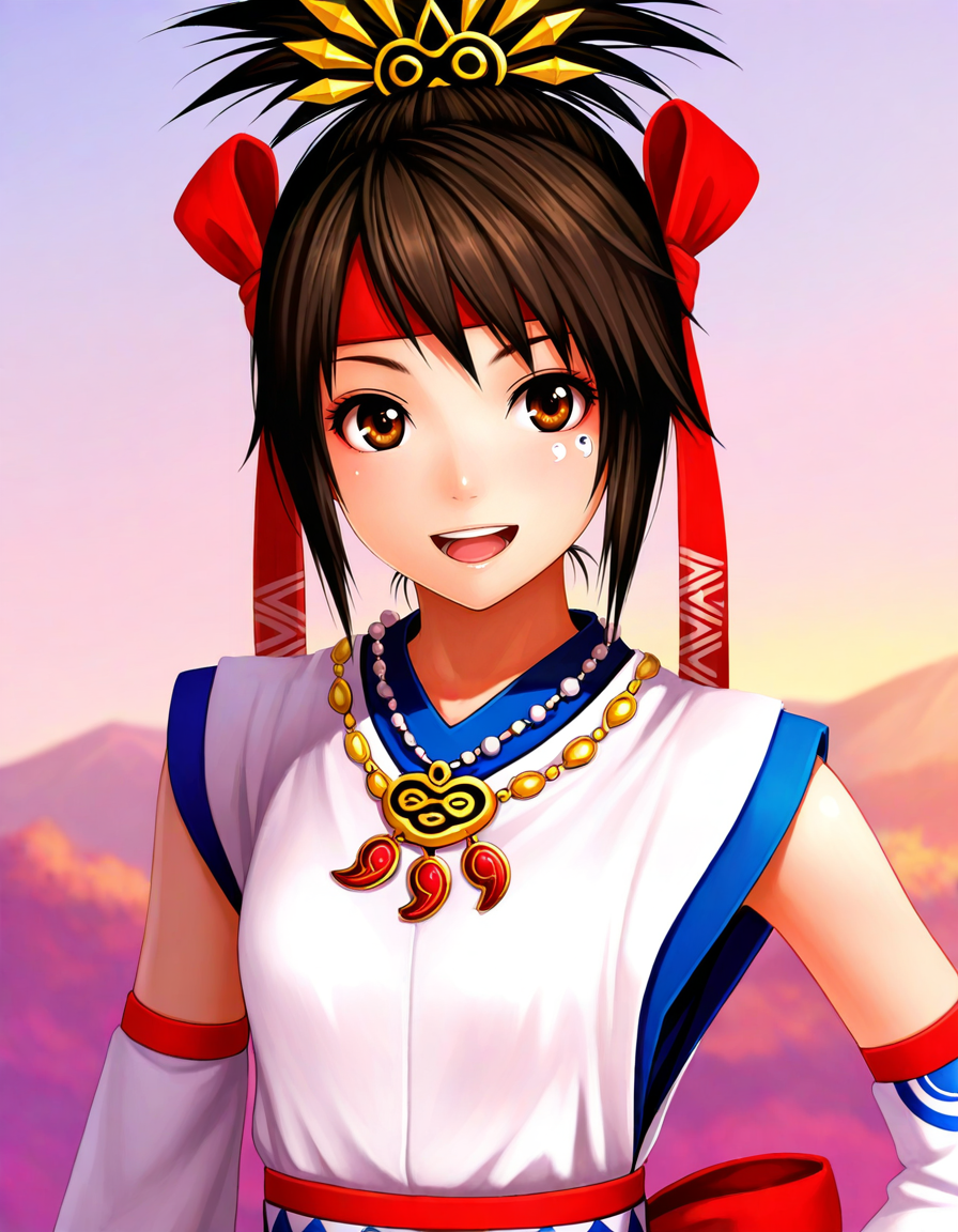<lora:MusouOHimiko_SDXL_Illustrious01_fp16_ver03:1>,MusouOHimiko, 1girl, solo,headband,ribbon, black hair,short hair, brown eyes,detached sleeves,necklace,sash,portrait, facial mark, smile,open mouth,, masterpiece, best quality, very aesthetic, absurdres,<lora:detailed_hands:1>,hand