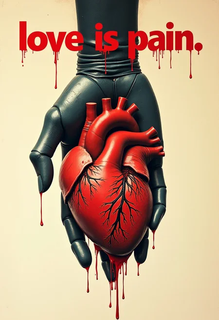 bauhaus poster, text "love is pain", mechanical hand holding anatomically correct heart, blood, splatter, gore