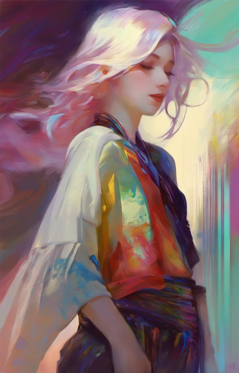 (Style by NTY:1.4), female, scarlet art, iridescent hair, intricate, colorful <lora:OilPaint:0.7>