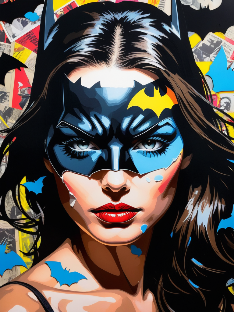 <lora:11VisualArt_Hap_XL:1.5>,Sandra Chevrier style,collage,torn paper effect ,pop art, comic book, Batman, Robin, superhero,  visual art painting of a womans face, black light, bioluminescent, fluorescent, silhouette, Inkstains