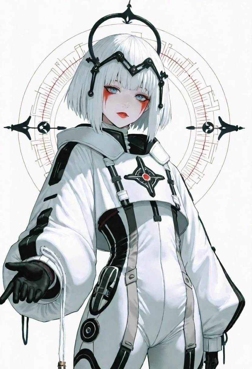 This is a highly stylized, digital artwork featuring a striking, androgynous figure against a solid black background. The subject is adorned in a futuristic, geometric costume with bold color combinations. The costume is primarily composed of horizontal black and white stripes, which create a stark contrast against the figure's pale skin. The headpiece is a large, circular shape with a gradient from red at the outer edge to white at the center, resembling a halo. The figure's face is painted in a dramatic, almost mask-like style, with a white base and striking red lips. The overall aesthetic is minimalistic yet highly impactful, with a focus on clean lines and bold color contrasts. The image's lighting is carefully controlled, casting subtle shadows that accentuate the contours of the costume and the figure's features. The texture of the costume appears smooth and glossy, enhancing the futuristic and otherworldly feel of the artwork. The composition is symmetrical, with the figure centered and the headpiece extending beyond the frame, drawing the viewer's attention to the central subject. (G0thicL1nes), (blue eyes), white sphere on the background, white background