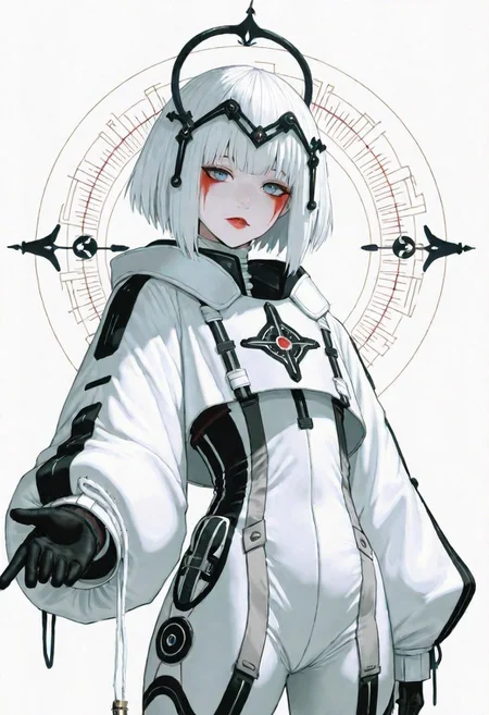 This is a highly stylized, digital artwork featuring a striking, androgynous figure against a solid black background. The subject is adorned in a futuristic, geometric costume with bold color combinations. The costume is primarily composed of horizontal black and white stripes, which create a stark contrast against the figure's pale skin. The headpiece is a large, circular shape with a gradient from red at the outer edge to white at the center, resembling a halo. The figure's face is painted in a dramatic, almost mask-like style, with a white base and striking red lips. The overall aesthetic is minimalistic yet highly impactful, with a focus on clean lines and bold color contrasts. The image's lighting is carefully controlled, casting subtle shadows that accentuate the contours of the costume and the figure's features. The texture of the costume appears smooth and glossy, enhancing the futuristic and otherworldly feel of the artwork. The composition is symmetrical, with the figure centered and the headpiece extending beyond the frame, drawing the viewer's attention to the central subject. (G0thicL1nes), (blue eyes), white sphere on the background, white background