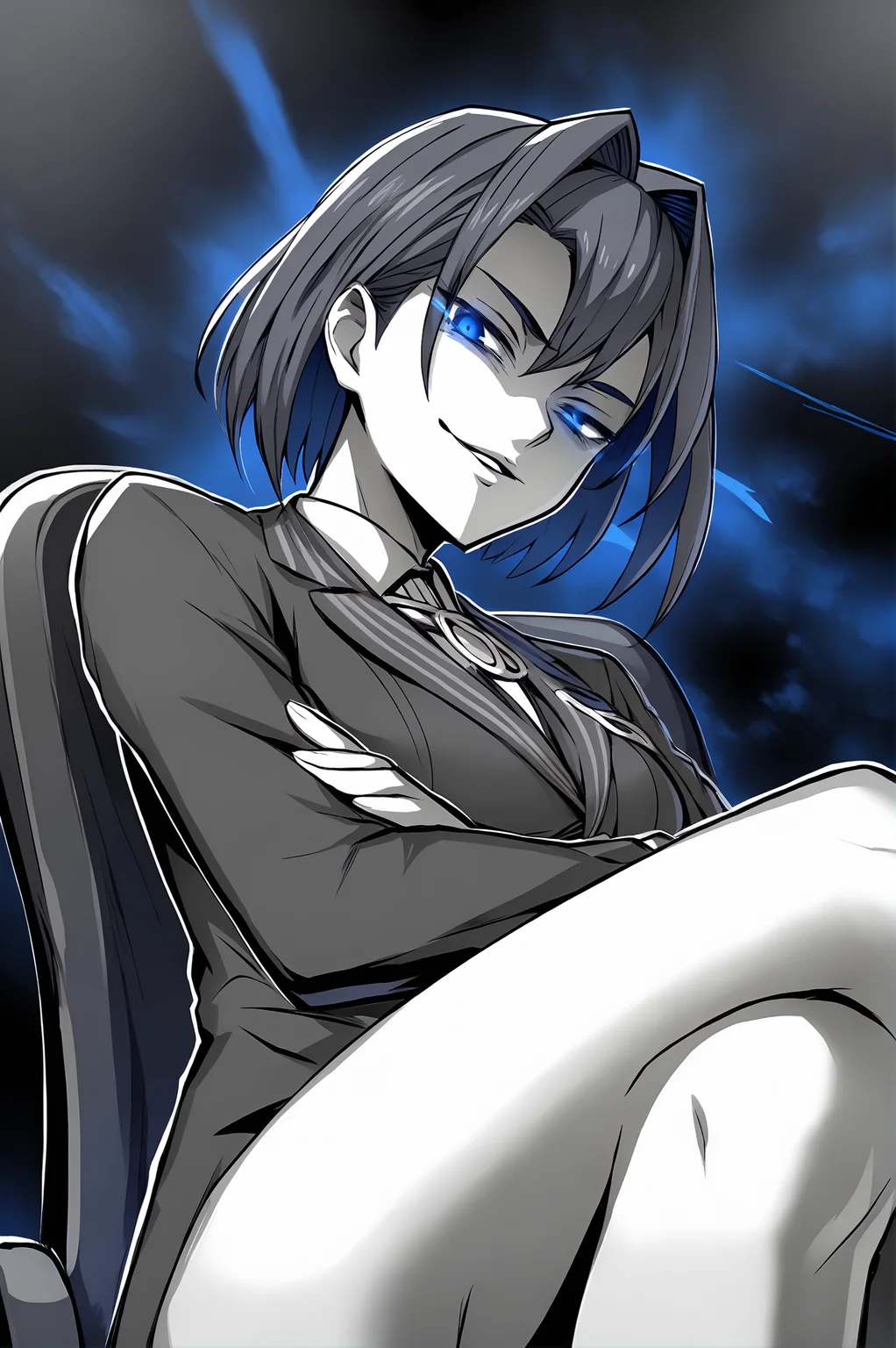 score_9,
<lora:ebiblue_v1_pruned:1>, monochrome, spot color, black background, blue aura, blue eyes, glowing eye,
<lora:OuroKroniiPDXL:0.8>, OuroKronii, short hair, hair intakes,
sitting, office chair, crossed legs, suit,
from below, crossed arms,
looking at viewer, evil smile, parted lips,
high resolution, Masterpiece