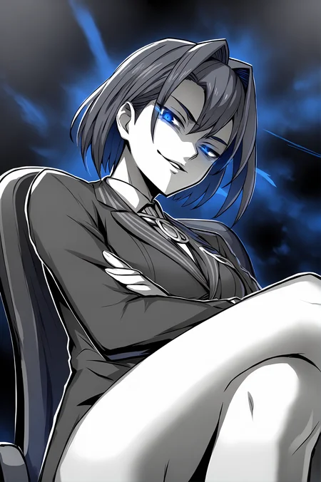 score_9,
<lora:ebiblue_v1_pruned:1>, monochrome, spot color, black background, blue aura, blue eyes, glowing eye,
<lora:OuroKroniiPDXL:0.8>, OuroKronii, short hair, hair intakes,
sitting, office chair, crossed legs, suit,
from below, crossed arms,
looking at viewer, evil smile, parted lips,
high resolution, Masterpiece