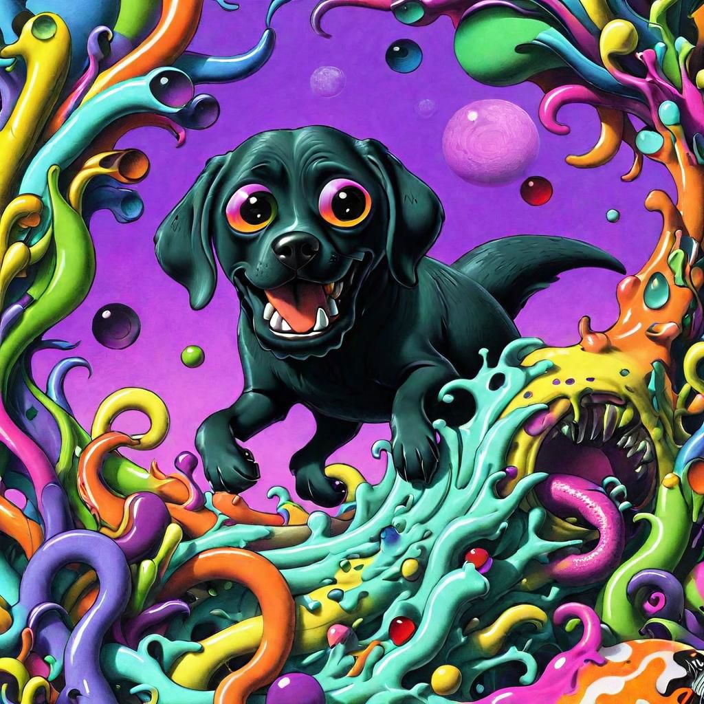 A crazy psychedelic melty color world everything is melting paint melty plastic looking, insane vivid colors, rich saturation, vibrant, elaborate, best quality, perfect detail, magical, absurdres, Psychedelic masterpiece, very animated cartoonish silly expressions, cosmic eldritch Lovecraftian otherworldly ethereal haunting ghostly unnatural alien big fat black lab mix, JimmyAlonzo, Surreal psychedelic bizarre insane eldritch horror cosmic old ones, awesome outer space cyborg robot black hole wormhole dogs
