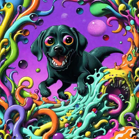 A crazy psychedelic melty color world everything is melting paint melty plastic looking, insane vivid colors, rich saturation, vibrant, elaborate, best quality, perfect detail, magical, absurdres, Psychedelic masterpiece, very animated cartoonish silly expressions, cosmic eldritch Lovecraftian otherworldly ethereal haunting ghostly unnatural alien big fat black lab mix, JimmyAlonzo, Surreal psychedelic bizarre insane eldritch horror cosmic old ones, awesome outer space cyborg robot black hole wormhole dogs