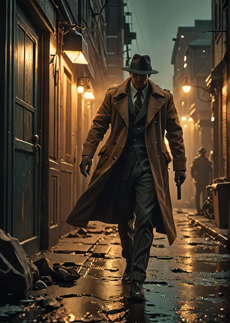 film noir detective hiding from an ambush at the dockse <lora:add-detail-xl:1>, epic shot, sharp image, dramatic lighting, highest quality, 8k, soft colors < sci-fi illustration