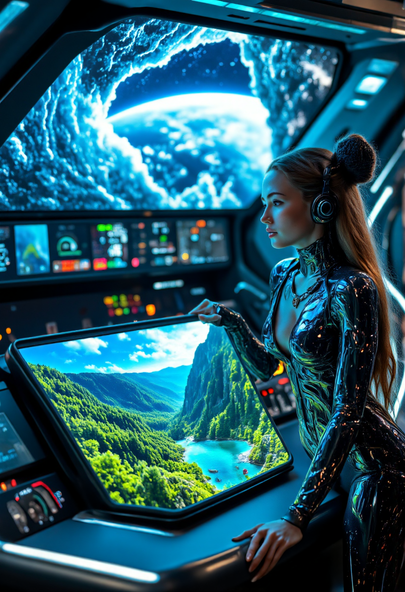Generate a realistic, highly detailed photograph of a 3D holographic image of a beautiful nature scene, projected from a sleek, futuristic console on the command deck of a spaceship. The vivid hologram displays towering emerald forests, shimmering lakes, and a vibrant sky, its colors dynamically shifting as if alive. In front of the display stands a stunningly beautiful woman cyborgâher sleek metallic and synthetic features harmoniously blending advanced technology with human elegance. Her hands, augmented with intricate cybernetic enhancements dance across an instrument panel, her expression reflecting awe and curiosity. The spaceship's high-tech interior glows softly with ambient lighting,  and in the background, a massive viewscreen reveals the breathtaking vista of the planet belowâits sprawling continents and swirling clouds casting mesmerizing shadows across the cosmos.<lora:Sp_CyborgFusion_v0.8M:1> <lora:aidmaMJ6.1_v0.5_3:0.8> aidmamj6.1 <lora:aidmaHyperrealismv0.3:1> aidmaHyperrealism <lora:aidmaImageUpraderv0.3:0.6> aidmaimageupgrader