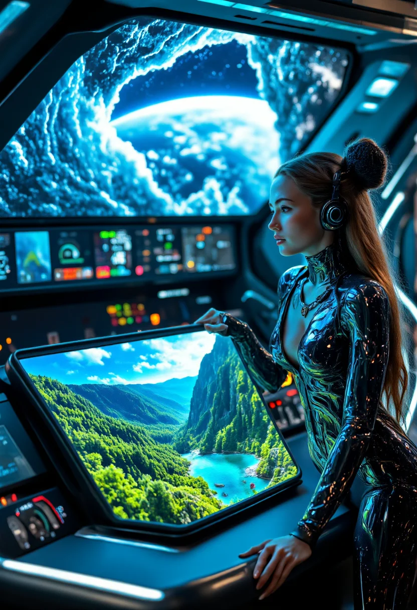 Generate a realistic, highly detailed photograph of a 3D holographic image of a beautiful nature scene, projected from a sleek, futuristic console on the command deck of a spaceship. The vivid hologram displays towering emerald forests, shimmering lakes, and a vibrant sky, its colors dynamically shifting as if alive. In front of the display stands a stunningly beautiful woman cyborgâher sleek metallic and synthetic features harmoniously blending advanced technology with human elegance. Her hands, augmented with intricate cybernetic enhancements dance across an instrument panel, her expression reflecting awe and curiosity. The spaceship's high-tech interior glows softly with ambient lighting, and in the background, a massive viewscreen reveals the breathtaking vista of the planet belowâits sprawling continents and swirling clouds casting mesmerizing shadows across the cosmos.<lora:Sp_CyborgFusion_v0.8M:1> <lora:aidmaMJ6.1_v0.5_3:0.8> aidmamj6.1 <lora:aidmaHyperrealismv0.3:1> aidmaHyperrealism <lora:aidmaImageUpraderv0.3:0.6> aidmaimageupgrader