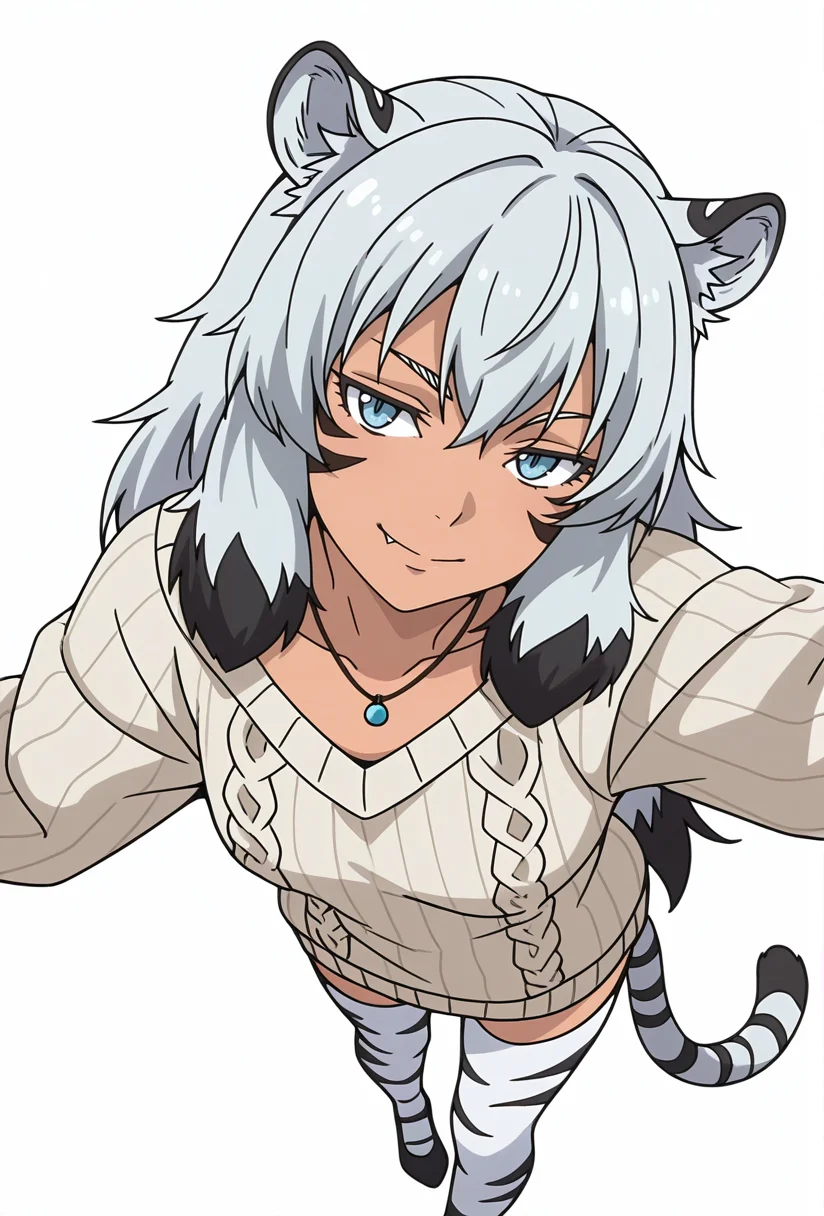 Smooth Quality,masterpiece,very intricate, high quality details, ultra realistic, high detailed skin,detailed enviorement,absurdres,
simple background, white background,solo,
from above,dancing, 
naughty face,
 <lora:Suphia_CNR_r1:0.8> suphia_cnr, 1girl,long hair, grey hair, blue eyes,dark-skinned female, facial mark,tiger ears, tiger tail, fang,monster girl,necklace,shirt, ,oversized sweater, ,patterned stockings,  ,