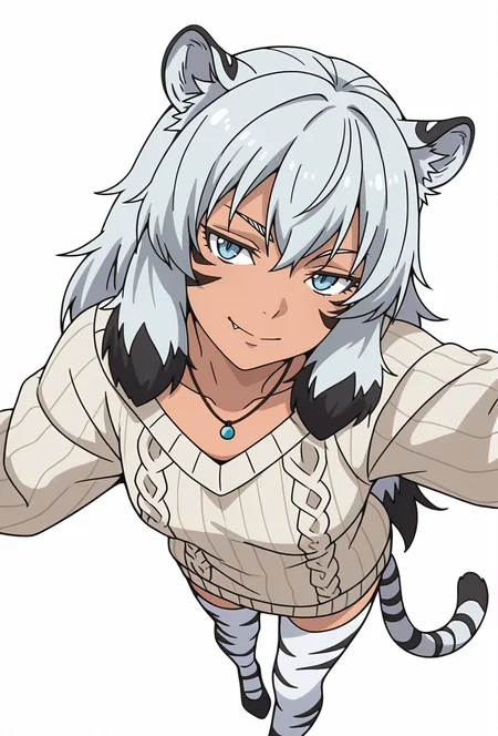 Smooth Quality,masterpiece,very intricate, high quality details, ultra realistic, high detailed skin,detailed enviorement,absurdres,
simple background, white background,solo,
from above,dancing,
naughty face,
<lora:Suphia_CNR_r1:0.8> suphia_cnr, 1girl,long hair, grey hair, blue eyes,dark-skinned female, facial mark,tiger ears, tiger tail, fang,monster girl,necklace,shirt, ,oversized sweater, ,patterned stockings, ,