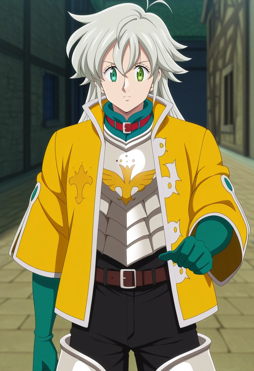 masterpiece, best quality, anime screencap, official style, anime coloring, cowboy shot, 1boy, solo, male focus, <lora:tristan_liones_ilxl:0.92>, tristan_liones, grey hair, green eyes, long hair, ahoge, yellow jacket, armor, green gloves, ,