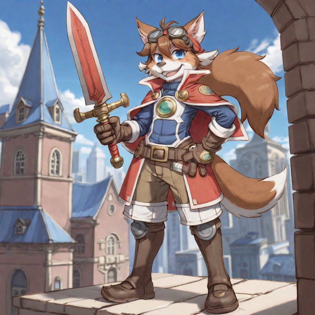masterpiece, best quality, red savarin, solo, looking at viewer, smile, blue eyes, fantasy floating city background, brown hair, gloves, 1boy, holding, animal ears, tail, full body, weapon, male focus, sword, holding weapon, armor, grin, hand on hip, gun, goggles, furry, brown gloves, goggles on head