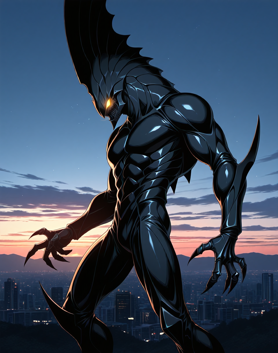 score_9, score_8_up, score_7_up,
<lora:Hyper_Zoanoid_(Guyver)_(Illustrious)_(AD):1> Hyper Zoanoid, Guyver, monster, 
exterior, science fiction, mountains, city skyline, sky with anime clouds,
cowboy shot, bent knee, dynamic action, side view, 
gold and silver colored body, glowing eyes, dominating, powerful, solo, stocky, bulky, tall, long legs, kaiju piranha, 
BREAK Smooth Quality, IllusP0s, lazyhand, lazympos, lazynsfw,