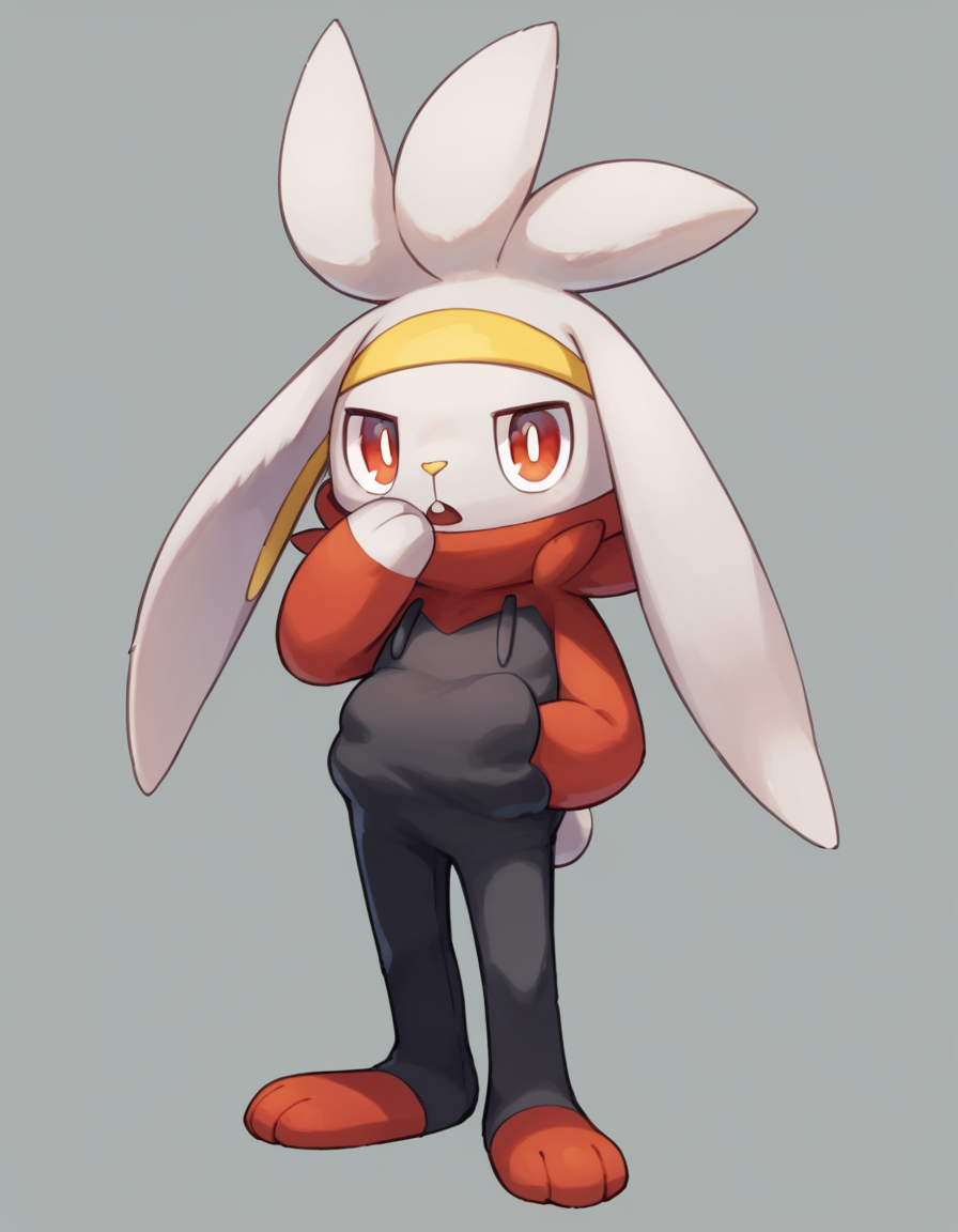 score_9, score_8_up, score_7_up, score_6_up, score_5_up, score_4_up, 1girl, full body, solo,
<lora:Raboot_v0-3:1> raboot, pokemon \(creature\), white fur, droopy ears, rabbit ears, rabbit tail, red eyes, looking at viewer, furry female, yellow hairband,
snood, neck fluff, red hoodie, black hoodie, two-tone hoodie, black pants, red toes, hand in pocket, hand at own mouth, looking at viewer, open mouth,
